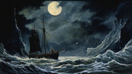 A ship is sailing in the ocean with a large moon in the background. Scene is dark and mysterious, with the stormy sea and the moon casting an eerie light on the scene - obrazy, fototapety, plakaty