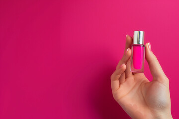 Close-up shot of hand showcasing luxury elegant skincare product bottle on a vibrant magenta isolated solid background, promoting bold and innovative skincare solutions,