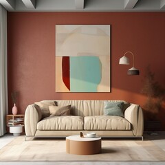 Elegant living room interior with sofa and abstract painting on red wall