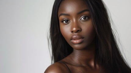 Close-up portrait of young African woman with glossy skin. - obrazy, fototapety, plakaty