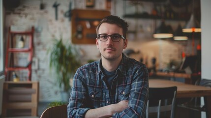 Man with glasses in cafe. Indoor casual portrait with bokeh background