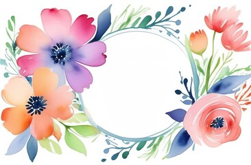 Watercolor flowers for postcard template, decorative wreath of leaves and branches. Watercolour composition for wedding invitation. Space for text in the middle.
