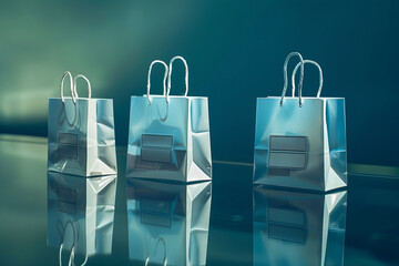 Contemporary shopping bags on a reflective glass surface, highlighted by subtle lighting,