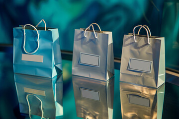 Contemporary shopping bags on a reflective glass surface, highlighted by subtle lighting,