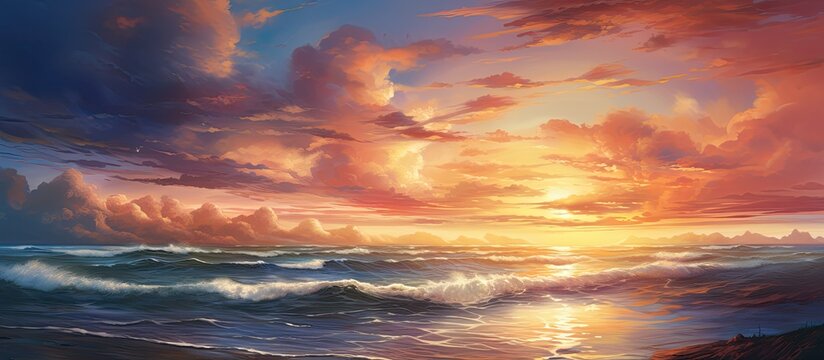 Sunset painting showcasing vibrant colors over the tranquil ocean waters with beautiful waves rolling in