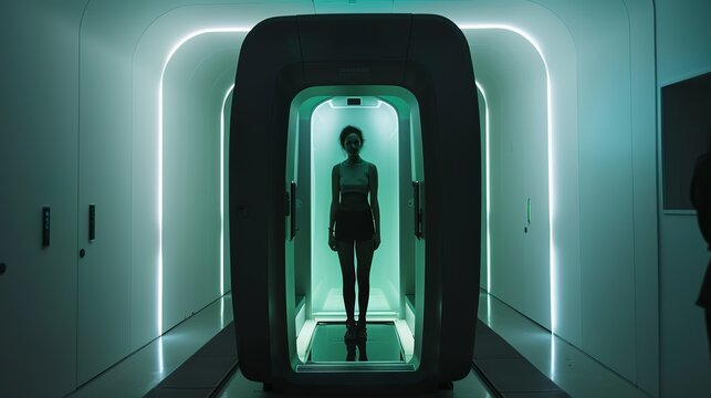 a guest in a event stepping into a body scanning machine. the machine has subtle green hues
