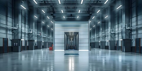 Interior of a modern warehouse with an automated pallet delivery system in an industrial setting. Concept Warehouse Automation, Modern Industrial Design, Pallet Delivery System, Interior Design