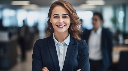A woman in a business suit is smiling and posing for a photo