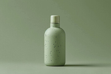 Contemporary skincare bottle with a unique texture on an olive green isolated solid background, emphasizing natural beauty,