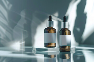 Contemporary skincare bottle design, showcased on a reflective glass surface, under soft lighting,