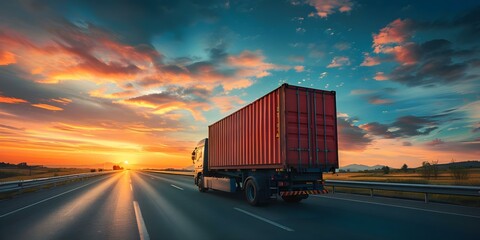 Container Truck on Highway at Sunset: A Scene from the Logistics Import-Export Cargo Transportation Industry. Concept Logistics Industry, Import-Export, Container Truck, Highway Sunset