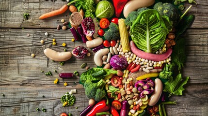 Assorted vegetables on rustic wooden background. Flat lay composition with copy space.