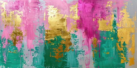 The abstract picture of the gold, pink and green colour that has been painted or splashed on the white blank background wallpaper to form random shape that cannot be describe yet beautiful. AIGX01.