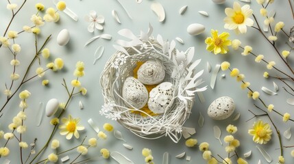 paper craft art of white Easter eggs and yellow flowers on a bright background. Creative flat lay with copy space