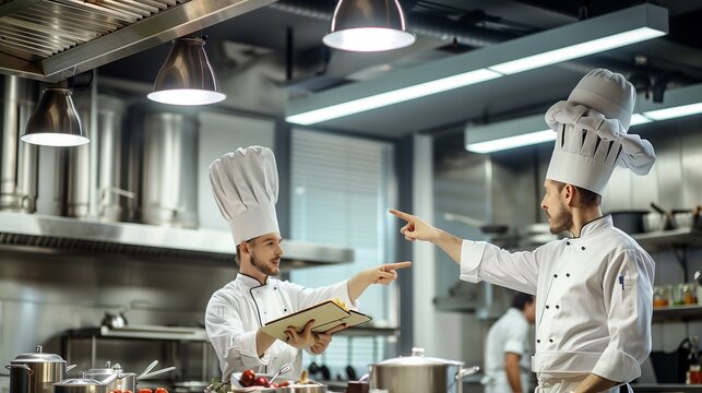 Featuring Copy Space for Text on the Left, an Image of Two Chefs in White Uniforms Standing in a Modern Restaurant Kitchen, One Pointing at a Recipe Book While Both Sport Large Cooking Pans as Hats.