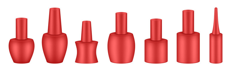 UV gel nail polish bottles. Set of red bottles. Nail laquer or uv gel. Realistic packaging mockup. Manicure kit	