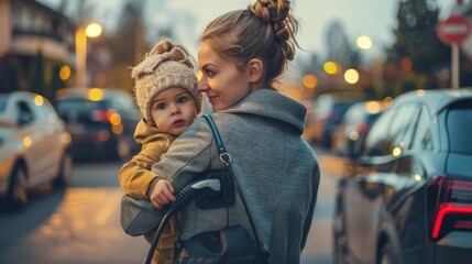Mother holding toddler on city street at dusk. Family and urban lifestyle concept