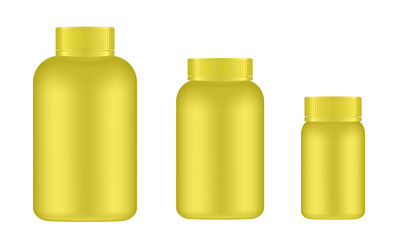 Set of big, medium and small medical pill bottles. Yellow jar with lid. Plastic medicine container. 3d mockup of a packaging for pharmacy	