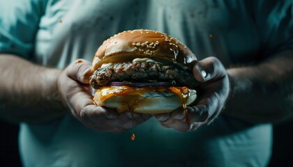 Unhealthy eating concept - man holding greasy burger - obrazy, fototapety, plakaty