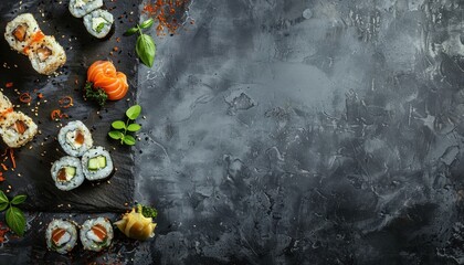Artistic sushi platter on dark textured background