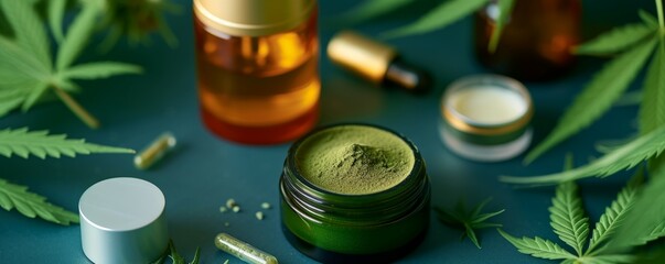 Health and beuty organic skincare and CBD products and cannabis leaves background - obrazy, fototapety, plakaty