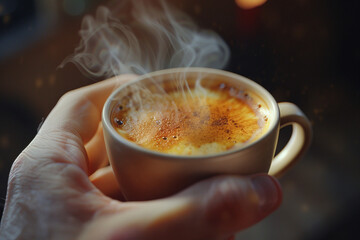 An ultra-realistic close-up of a hand holding a steaming hot, artisan coffee cup, with the coffee's rich, creamy texture visible on the surface, set