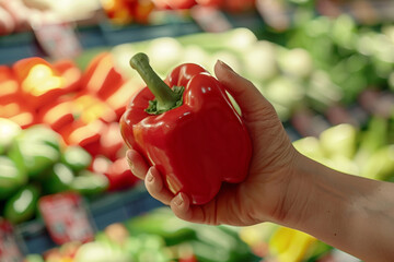 An ultra-realistic close-up of a hand holding a vibrant bell pepper, its glossy red surface and perfect shape in sharp focus