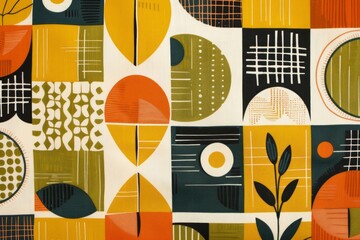 70s retro vintage inspired color scheme background with geometric shapes. 1970 mustard yellow, avocado green, burnt orange, funky music theme concept illustration design. 