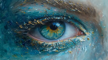 A detailed painting of a human eye with a captivating blue iris, accentuated by gold flecks and textured strokes suggesting depth and emotion