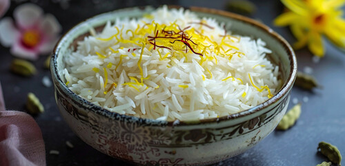Aromatic Basmati Rice, with long white grains, sprinkled with bright yellow saffron threads and green cardamom pods