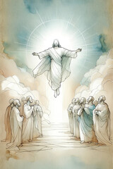 The Ascension of Jesus. Jesus ascending to Heaven after his resurrection. Digital illustration. - obrazy, fototapety, plakaty