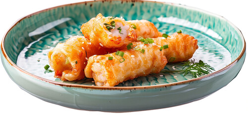 Binzhou shrimp rolls, golden fried with a hint of green dill peeking out, on a light blue plate, isolated on white background
