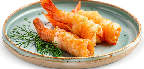Binzhou shrimp rolls, golden fried with a hint of green dill peeking out, on a light blue plate, isolated on white background