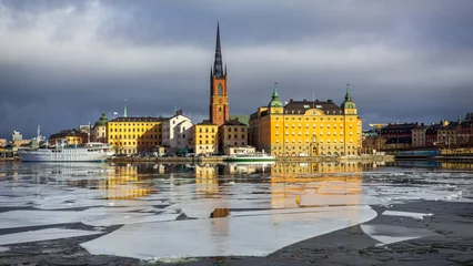 Türaufkleber View of Historic Old Town of Stockholm, Sweden over River with Breaking Ice © Max Maximov