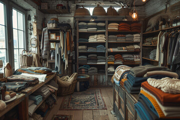 Fototapeta na wymiar Rural Farm Shop Interior with Eco-Friendly Wool Products. Assortment of Handmade Blankets and Sustainable Clothing on Wooden Shelves
