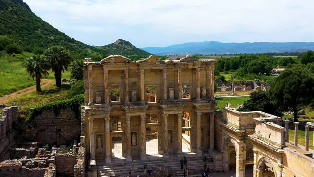 Stunning long aerial shot of the ancient city of Ephesus in Turkey