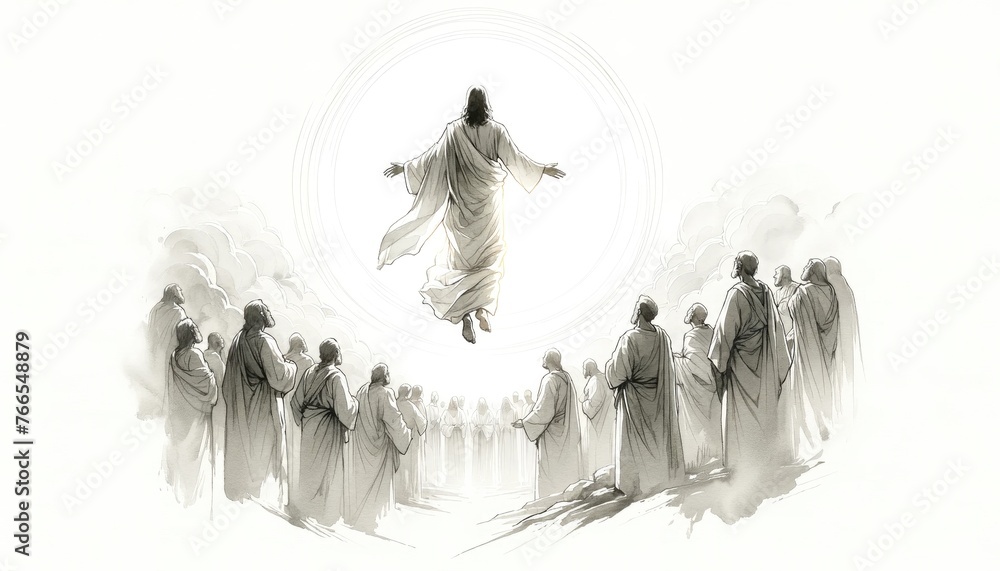 Wall mural The Ascension of Jesus. Jesus ascending to Heaven after his resurrection. Digital illustration.