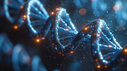 An intricate depiction of a glowing DNA double helix, with a deep blue background, highlighting concepts of biotechnology and genetic research
