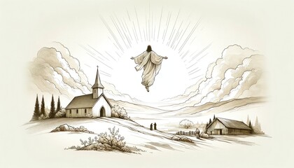 The Ascension of Jesus. Jesus ascending to Heaven after his resurrection. Digital illustration. - obrazy, fototapety, plakaty