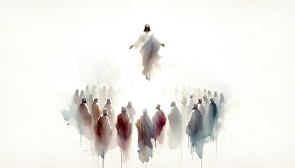 The Ascension of Jesus. Jesus ascending to Heaven after his resurrection. Digital watercolor painting. - obrazy, fototapety, plakaty