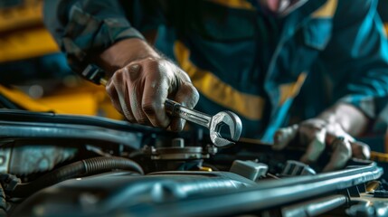 Mechanic's hand using wrench on car engine in garage. Automobile repair and maintenance concept - obrazy, fototapety, plakaty