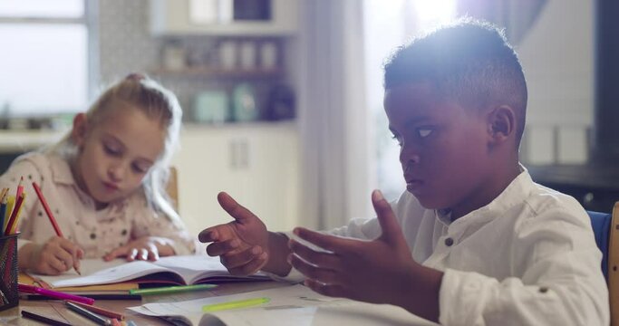 Hands, math and counting with student boy at dining room table of home for remote learning or study. Kids, distance education and homework with young child in apartment for academic development