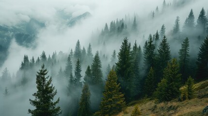Foggy mountain landscape. Carpathian mountains - obrazy, fototapety, plakaty