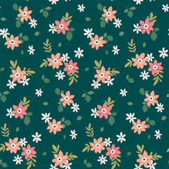 Fototapeta na wymiar Seamless floral pattern, liberty ditsy print of pretty mini daisies. Cute botanical wallpaper, textile design: small hand drawn flowers, tiny leaves, simple bouquets abstract. Vector illustration.