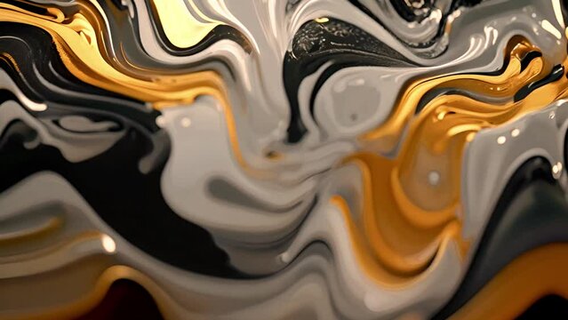 Creative abstract golden,white black and silver paint,liquid effect, texture, close-up fragment of acrylic painting on canvas with brush strokes. Modern art. Black and white with gold background. 4k