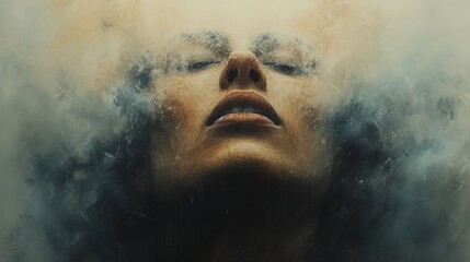 A compelling artistic representation of a woman's face partially obscured by a smoky, cloud-like texture, invoking a sense of fusion with the natural elements
