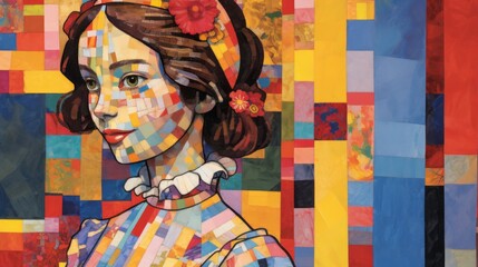 A woman with a flower in her hair is painted in a colorful mosaic. The painting is a collage of different colors and shapes, creating a vibrant and lively atmosphere