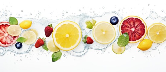 Assorted fruits like apple, orange, and banana are showcased in clear water, creating a colorful and refreshing sight