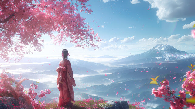 an image of a girl walking on the hill in cherry blossoms, laborate kimono,generative ai