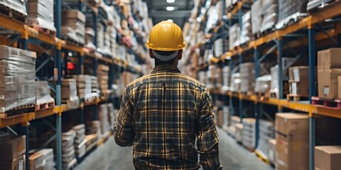 A male worker in a hard hat carrying boxes in a retail warehouse full of shelves. Concept Retail Warehouse worker, Hard Hat, Box Carrying, Shelf Organization - obrazy, fototapety, plakaty